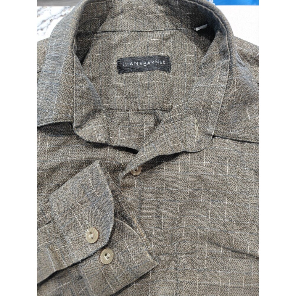 Jhane Barnes Men Shirt Large Brown Long Sleeve Button Up Y2K Geometric Pattern